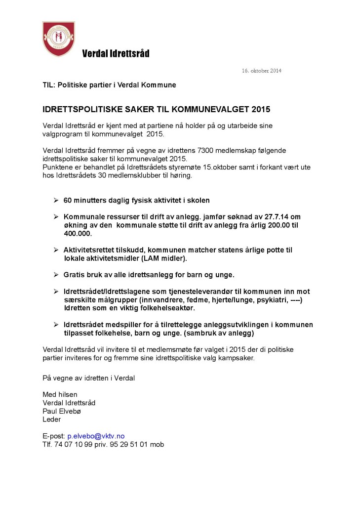 Idrettspolitiske saker til kommunevalget 2015
