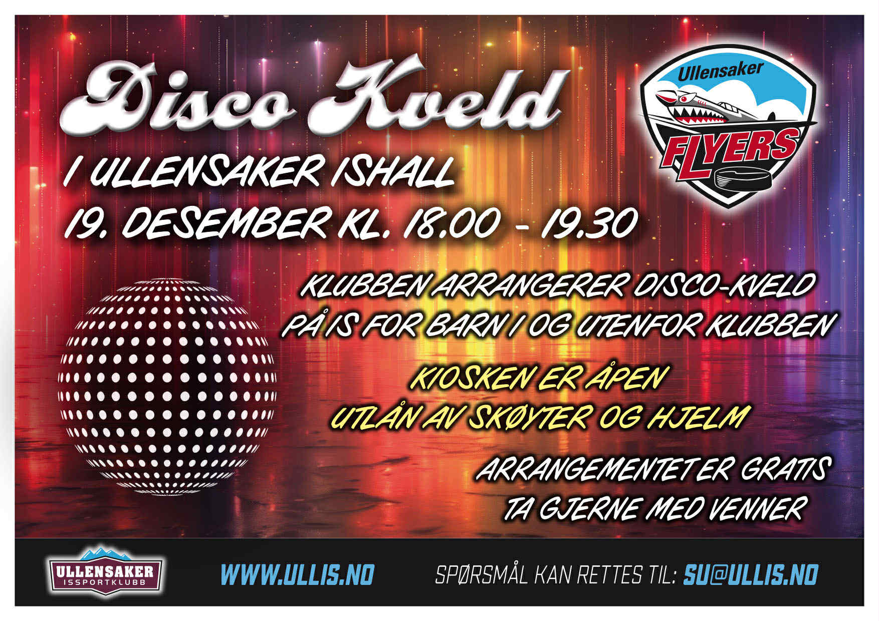 Disco kveld 19 des kl 1800