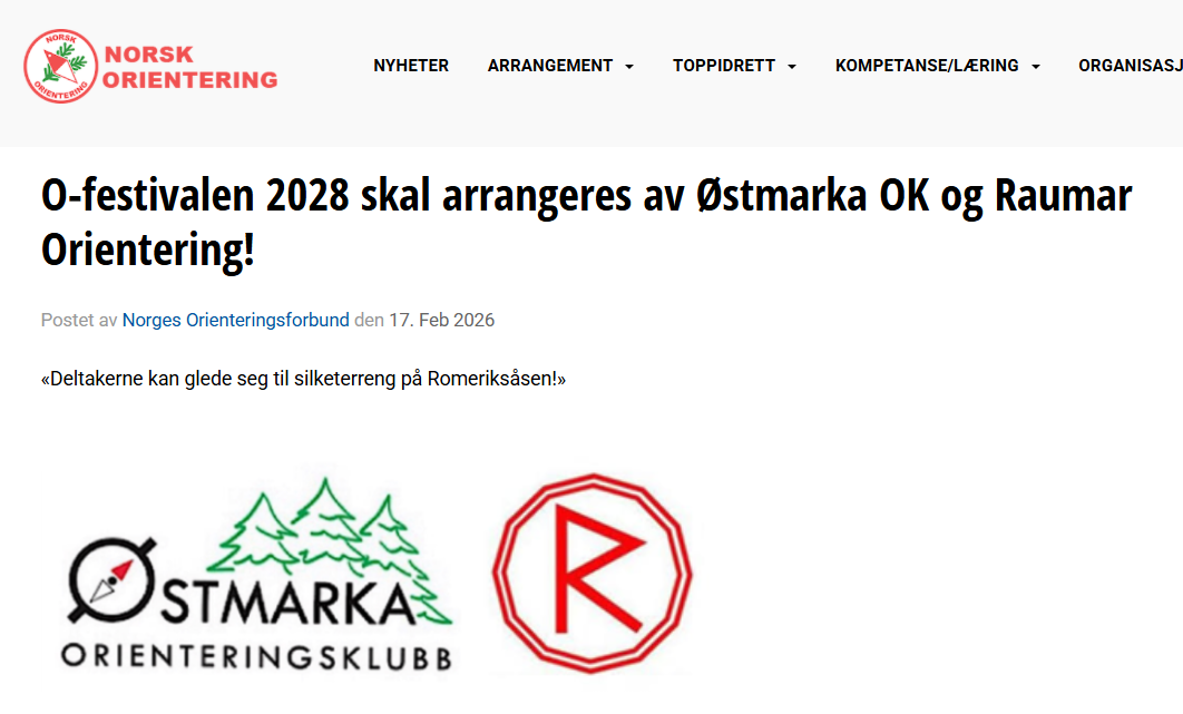 Raumar og Østmarka tildelt O-Festivalen i 2028