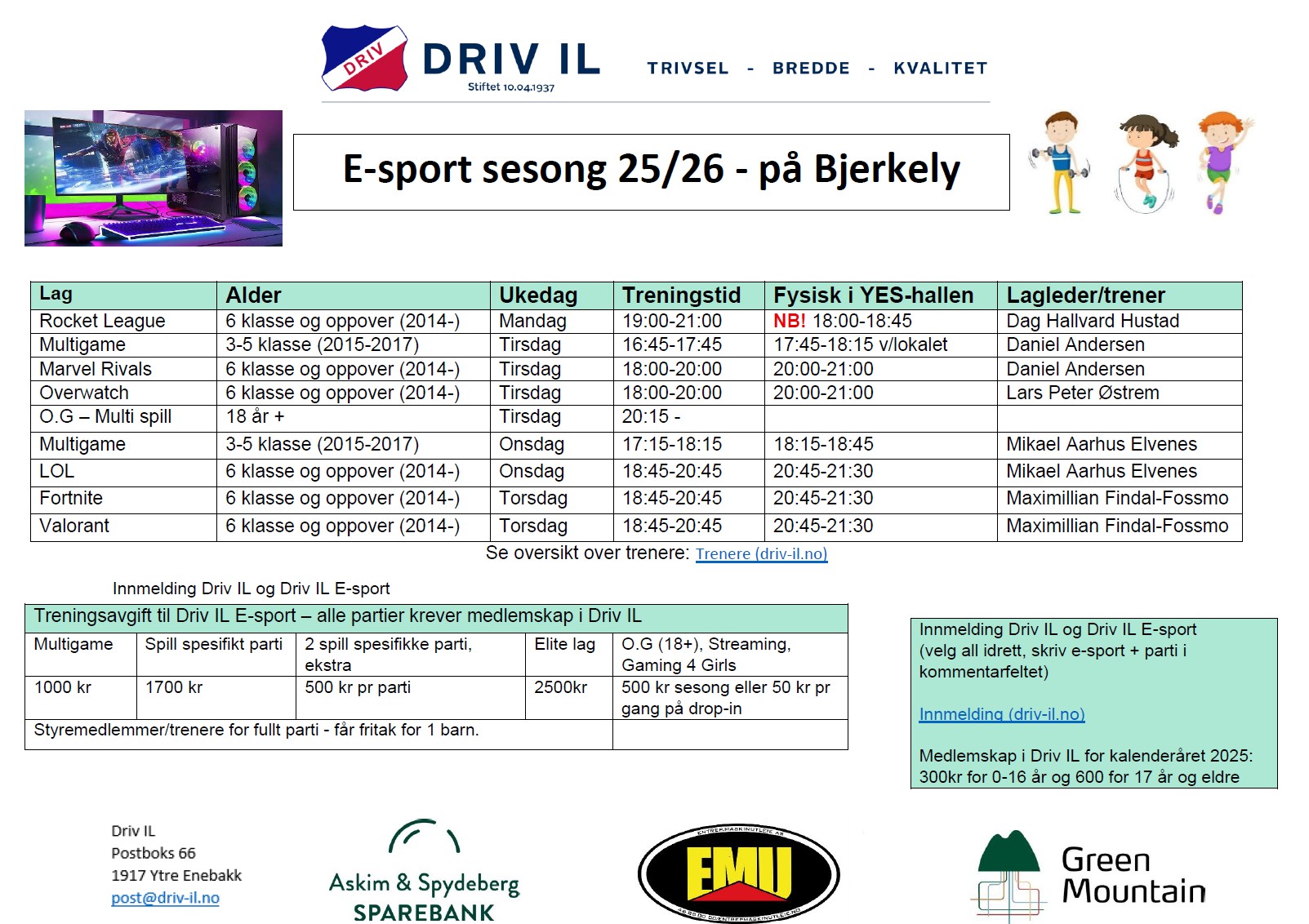 Timeplan E-sport høst 2025 / vår 2026
