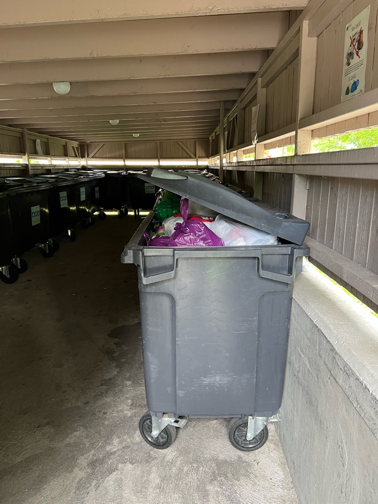 Vi har flere søppeldunker enn den som er nærmst porten. 