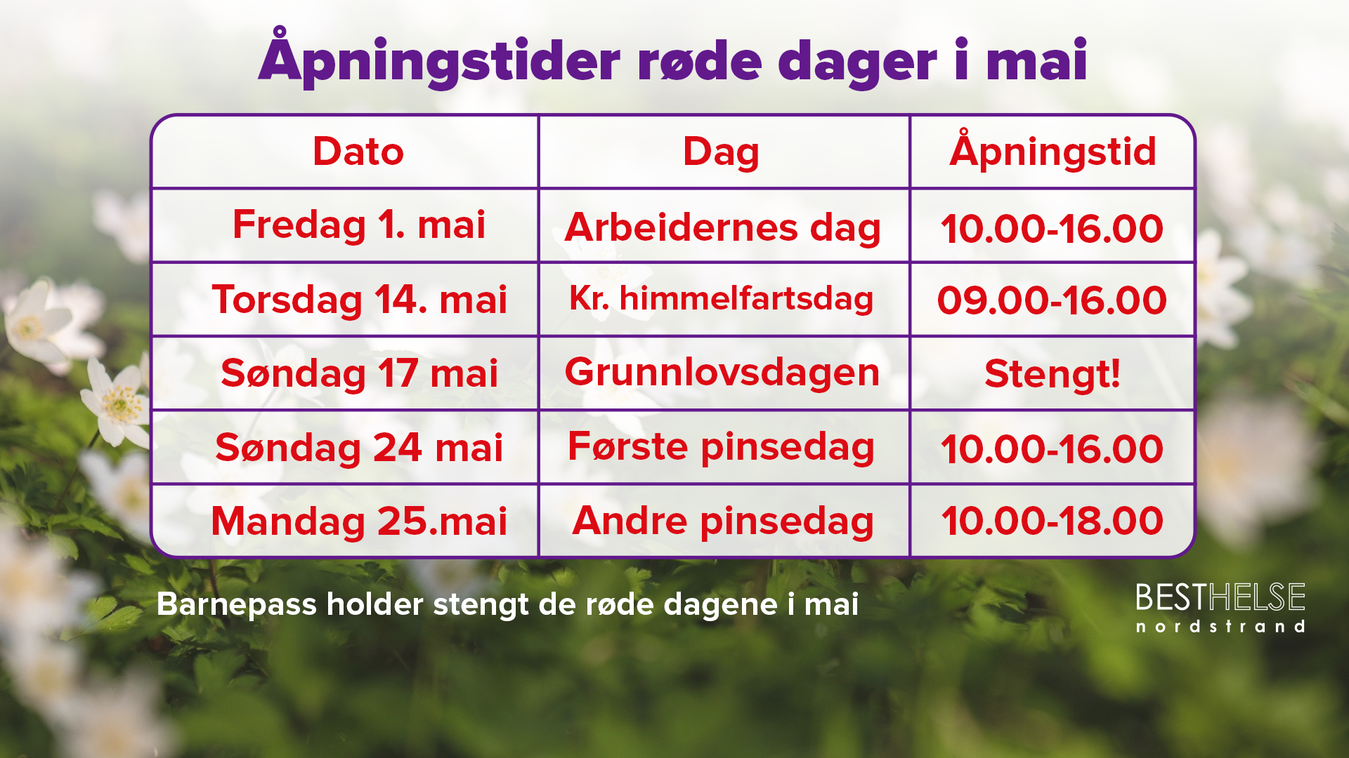 Image for Åpningstider røde dager i mai Best trening.