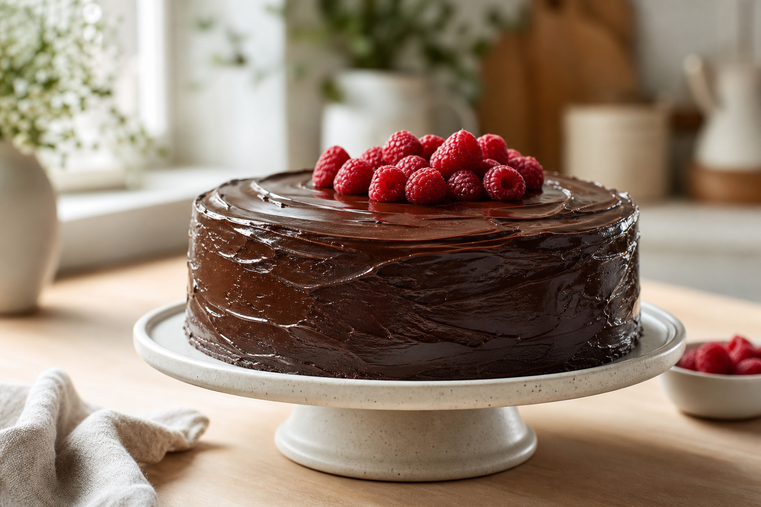 Sjokoladekake med sjokoladekrem og bringebær