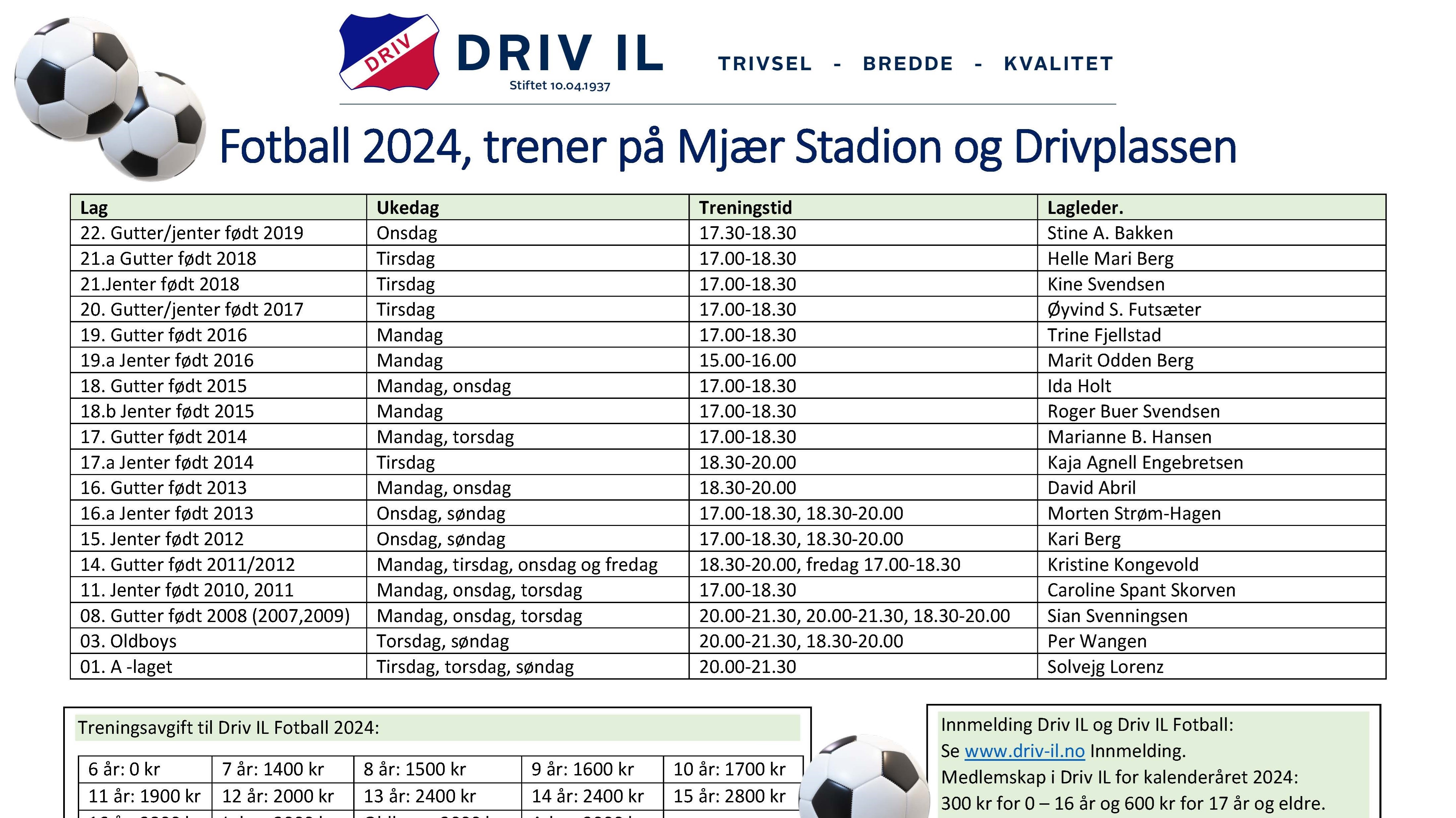 Oversikt lag og treningstider Fotball 2024