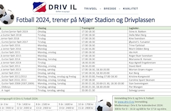 Oversikt lag og treningstider Fotball 2024