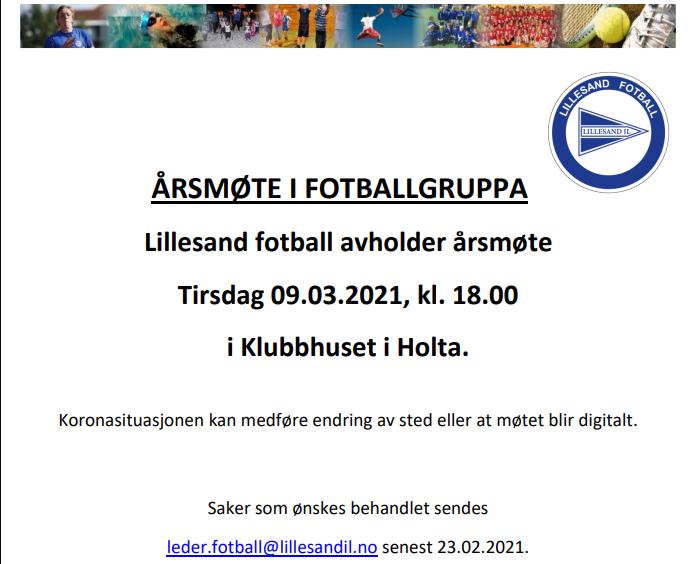 ÅRSMØTE FOR LILLESAND FOTBALL, TIRSDAG 09.03.2021, KL. 18.00