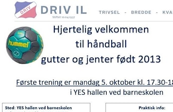 Oppstart håndball for barn født 2013, 5.10.2020