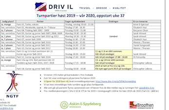 Turnpartier høsten 2019 oppstart i uke 37, info pr 27.08.19