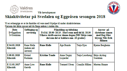 Oversikt over skiaktivitetar sesongen 2018