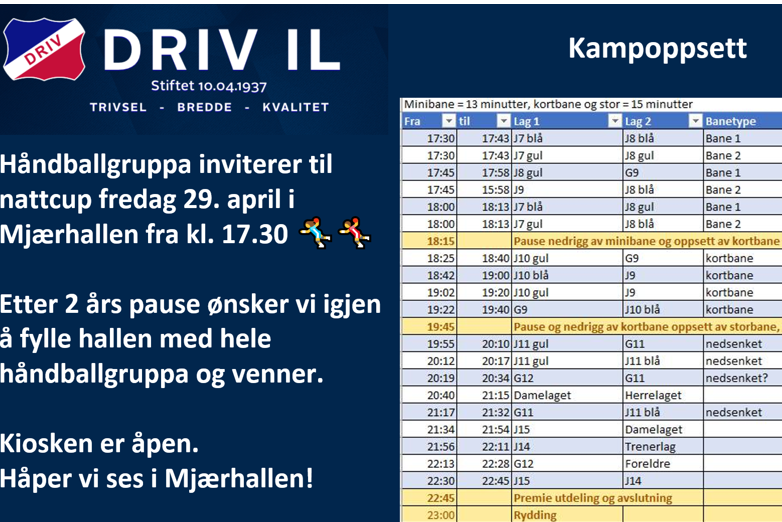 Nattcup i Mjærhallen 29.04.22 kl. 17.30