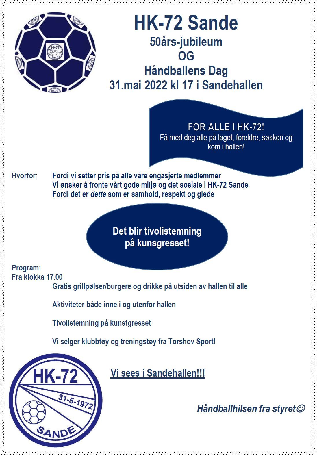Håndballens dag OG Jubileumsfest i Sandehallen 31.mai kl 17.00