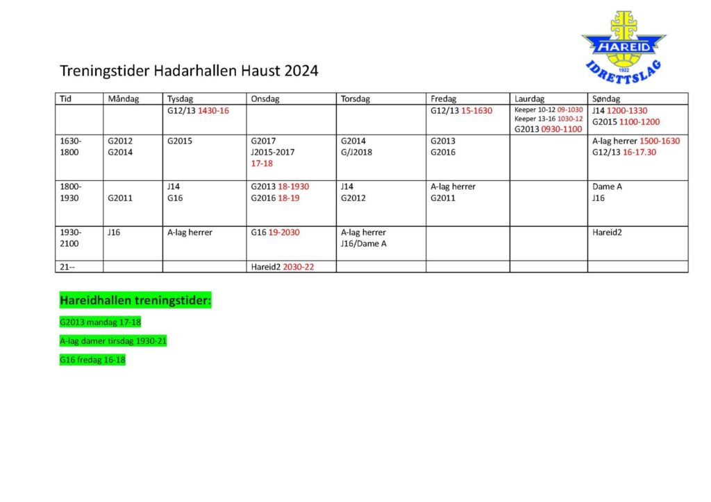 Treningstider haust 2024 Fotball