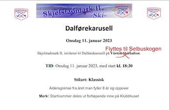 Dalførekarusellrenn onsdag 11.jan flyttet til Selbuskogen