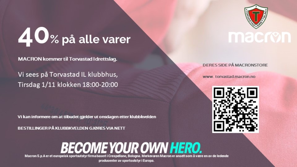 Background image for Husk Macron klubbkveld i morgen tirsdag 1. november kl 18-20 på klubbhuset