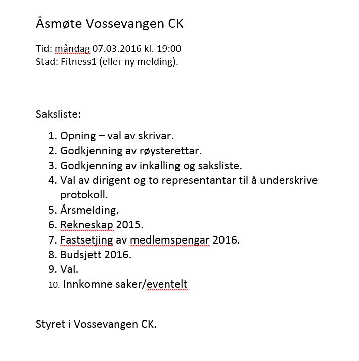 Årsmøte, Vossevangen CK