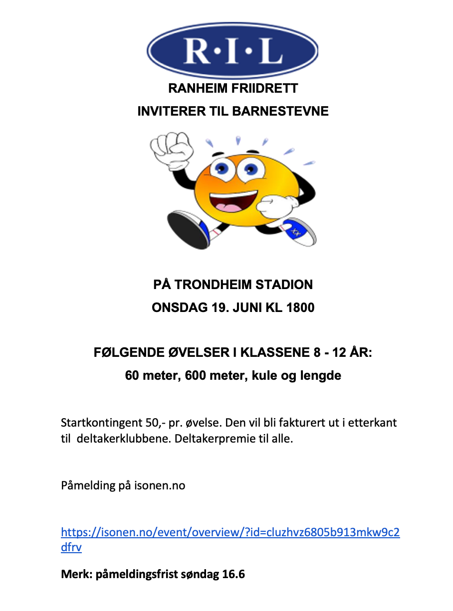 Ranheim friidrett inviterer til Barnestevne – tidsskjema er klart