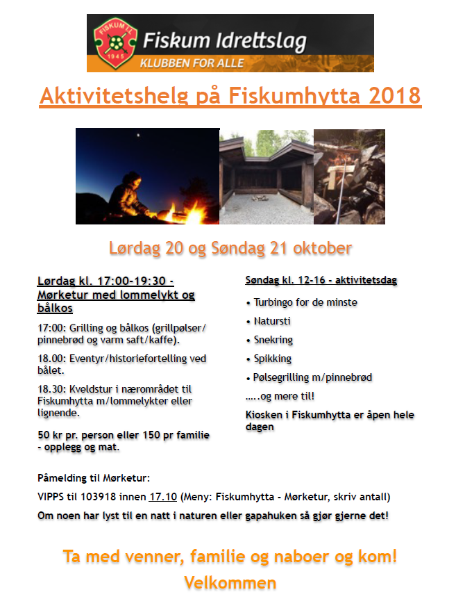 Aktivitetshelg på Fiskumhytta 20. - 21. oktober