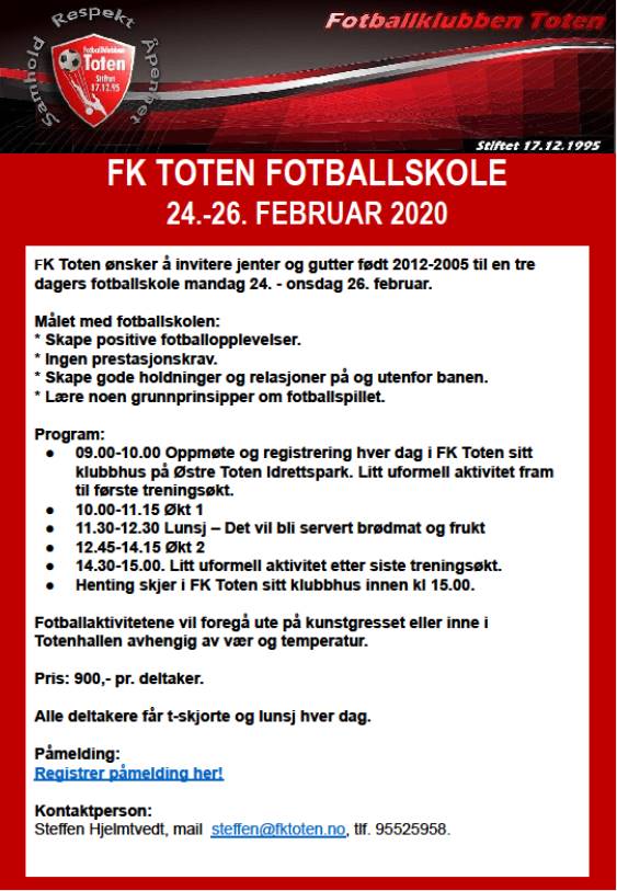 FK Toten inviterer til fotballskole i vinterfeiren.