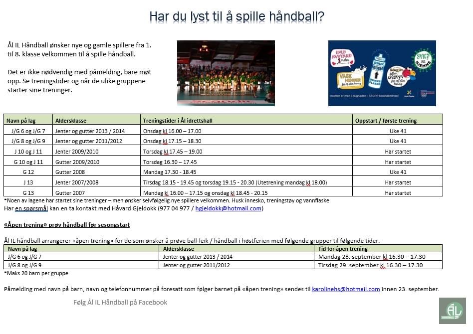 Velkommen til Ål IL håndball sesong 2020/2021
