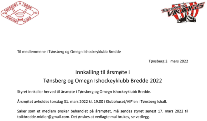 Innkalling til årsmøte i Tønsberg og Omegn Ishockeyklubb Bredde 2022