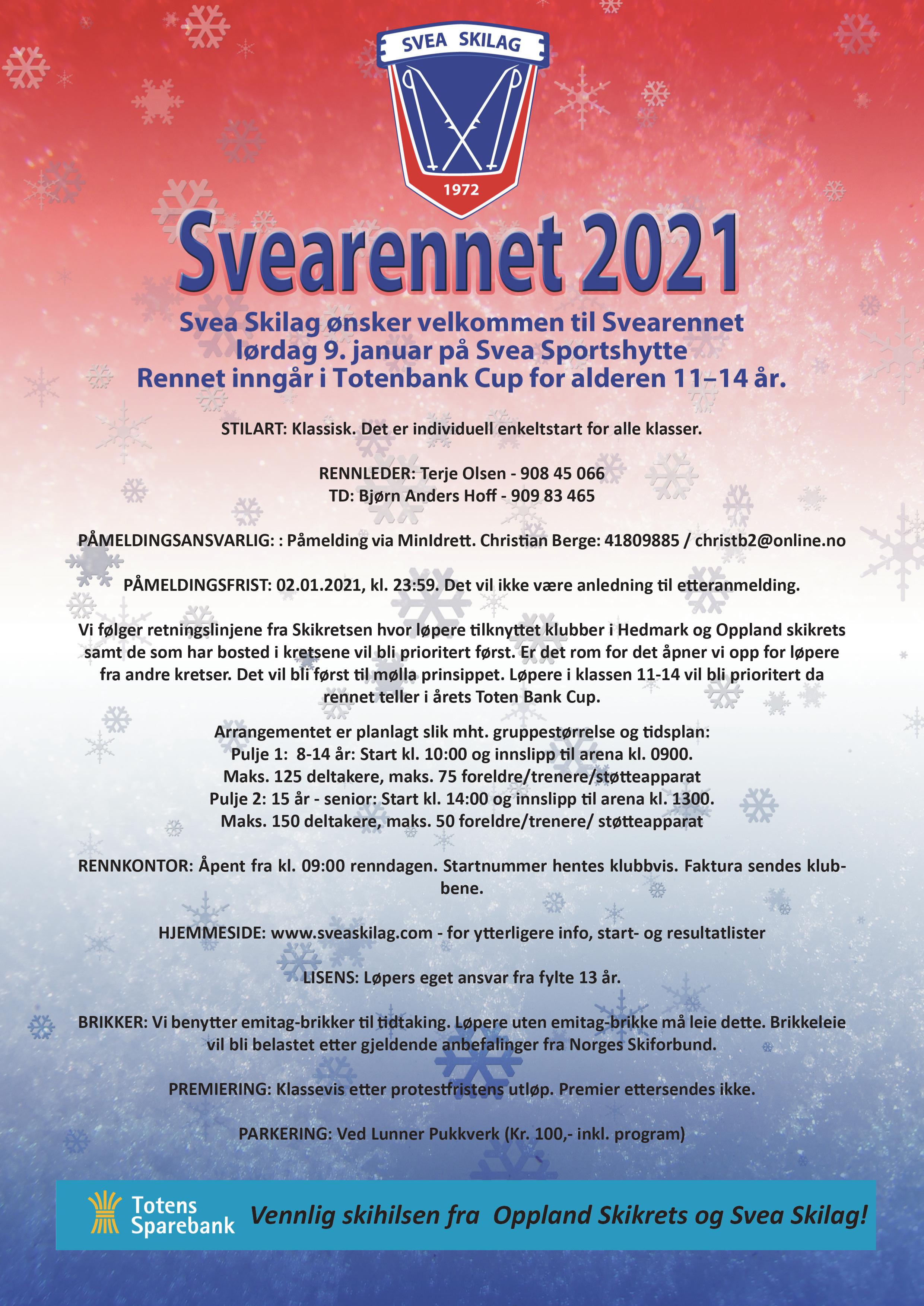 Velkommen til Svearennet lørdag 9.januar 2021