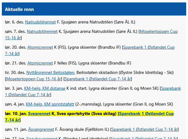 Oversikt over aktuelle skirenn