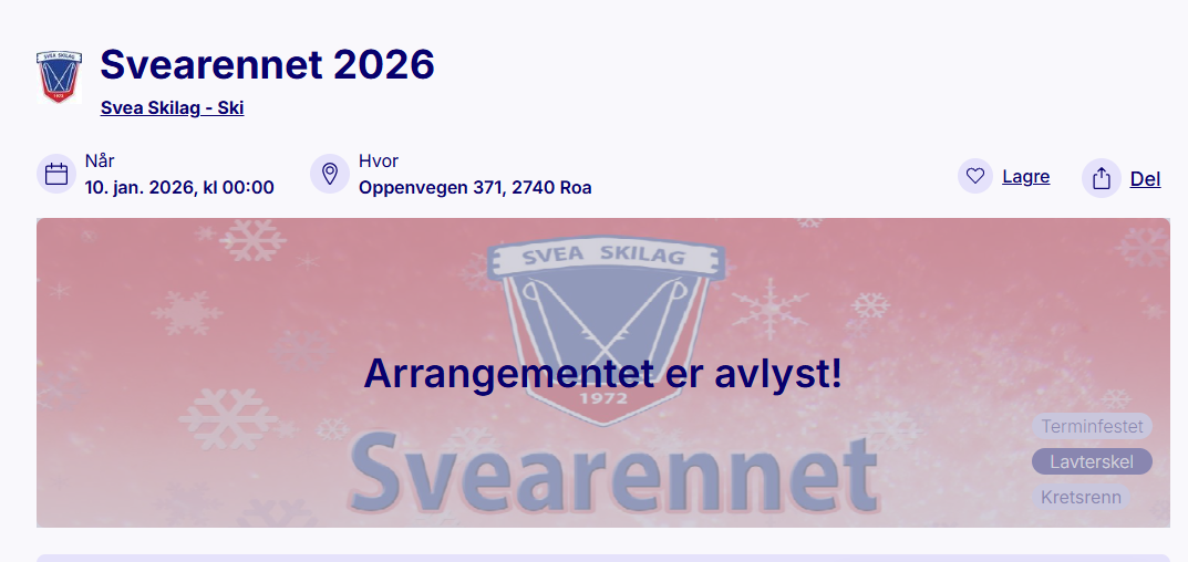 Svearennet 10. januar avlyst
