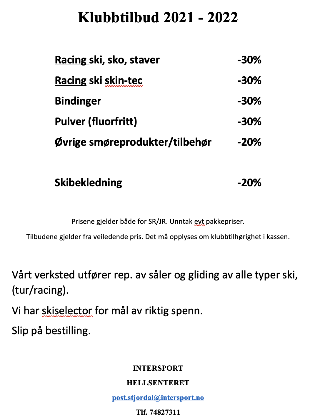 Klubbtilbud Intersport Hellsenteret 2021 - 2022