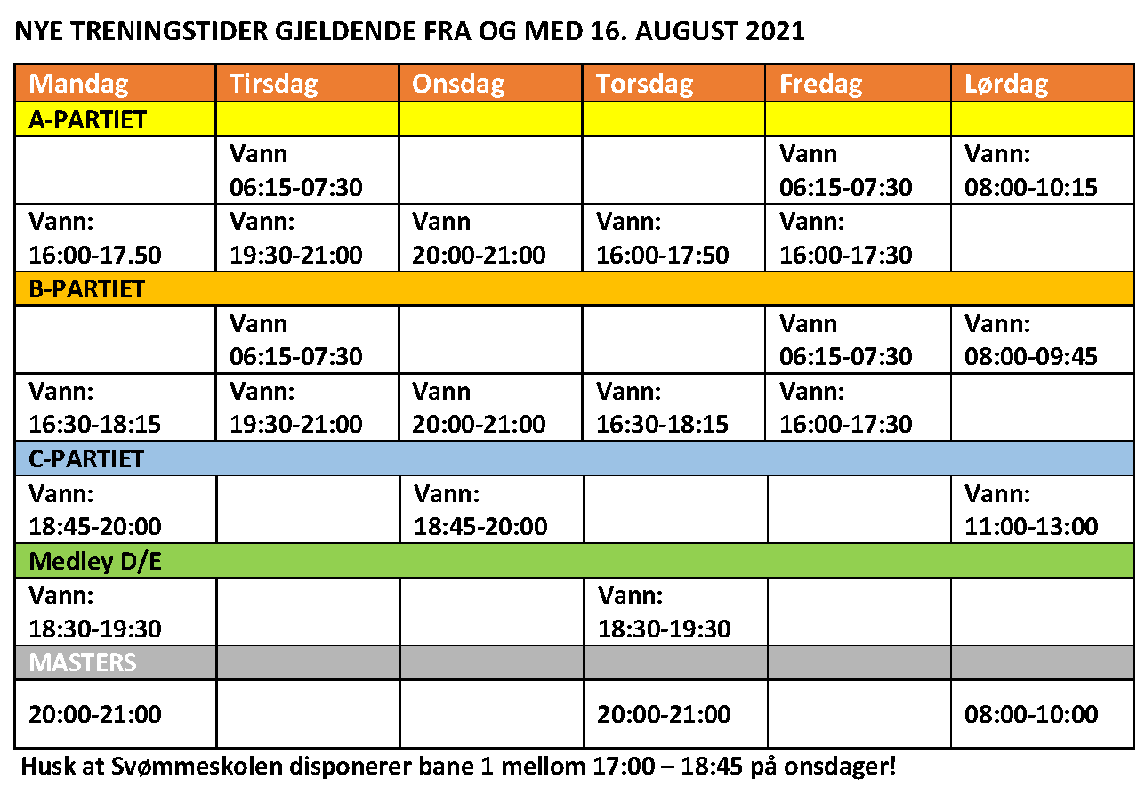 Treningstider fra og med 9.sept 