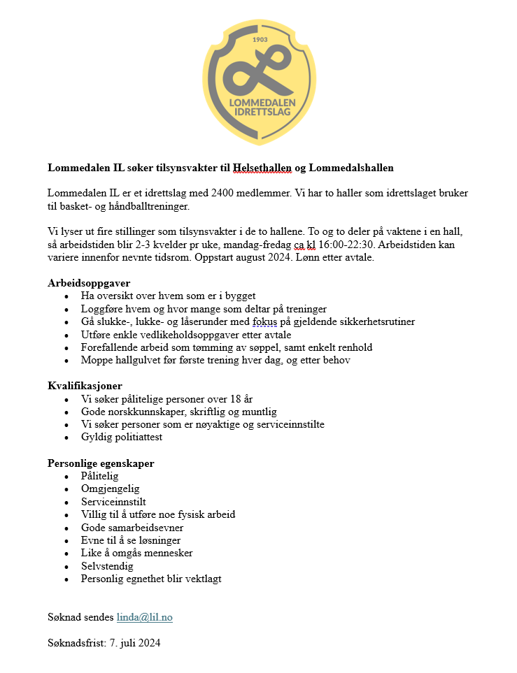 Lommedalen IL søker tilsynsvakter