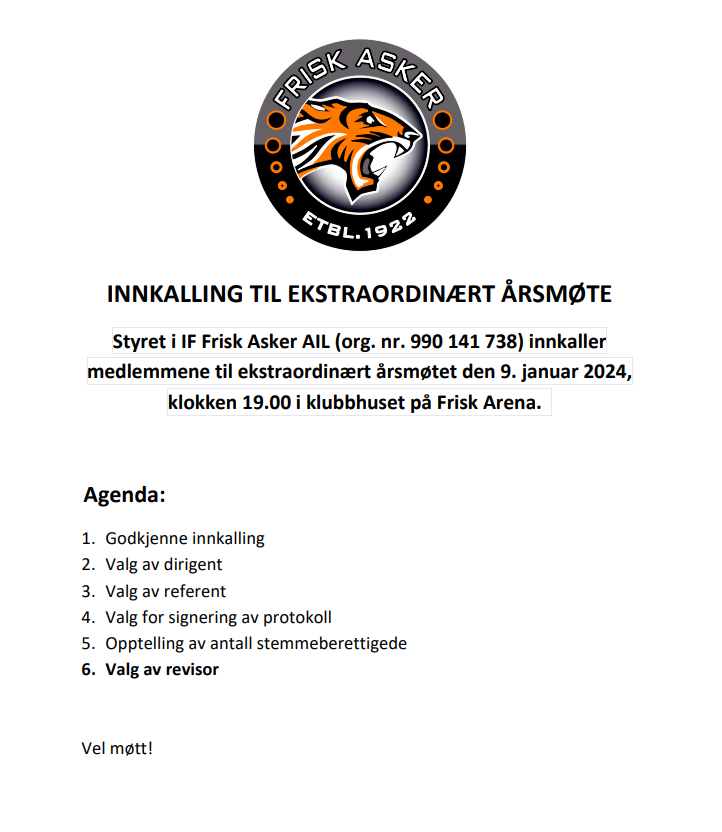 Frisk Asker AIL- Innkalling til ekstraordinært årsmøte