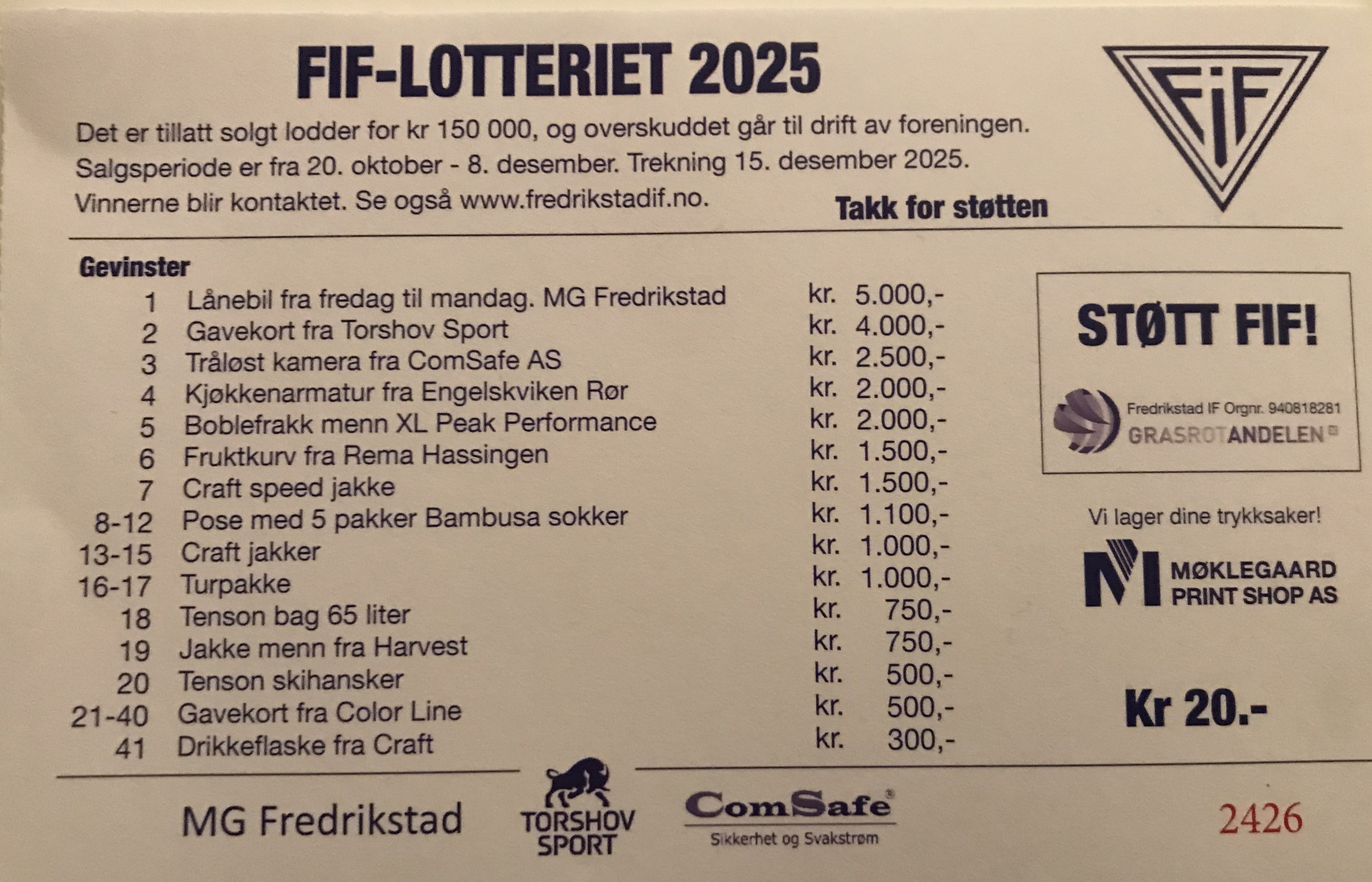 Har du vunnet i årets FIF-lotteri med 40 gevinster? Sjekk trekningslisten