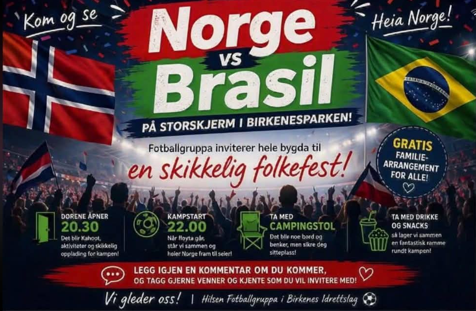 5.juli VM-kamp på storskjerm i Birkenesparken