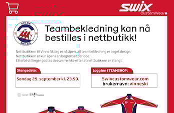 Swix nettbutikk for Vinne skilag er nå åpen frem til 06.oktober