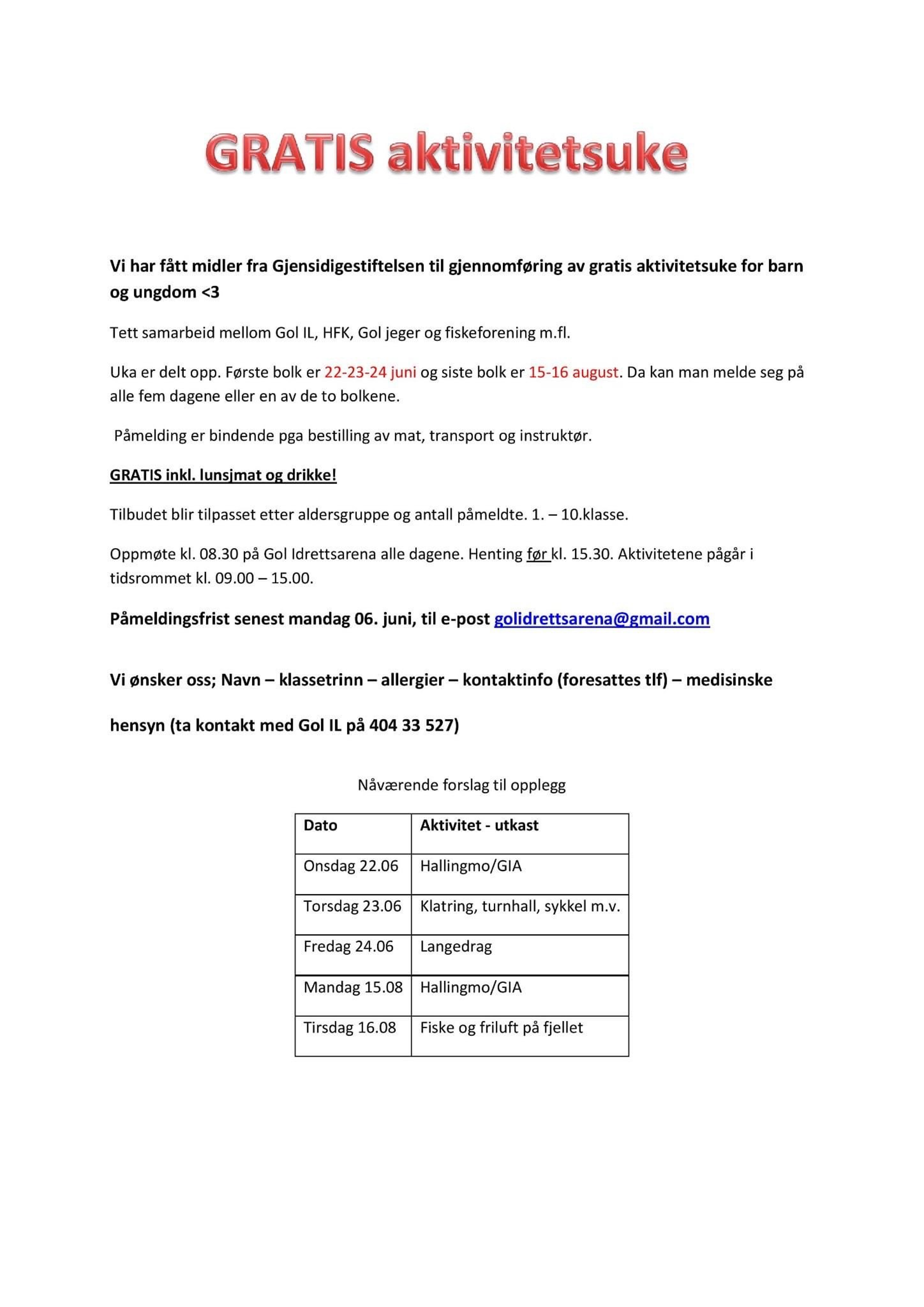 Gratis aktivitetsdager på Gol!!!