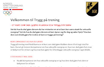 TRYGG PÅ TRENING KURS PÅ AGR TIRSDAG 12.MARS KL. 1730
