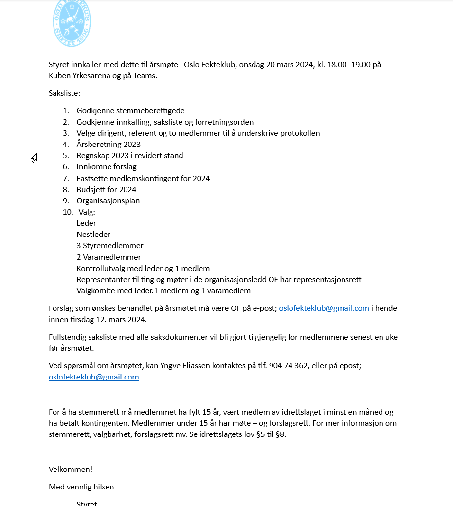 ÅRSMØTE 2024 - Onsdag 20 mars Kl. 18.00 - 19.00 på Kuben Yrkesarena og på Teams