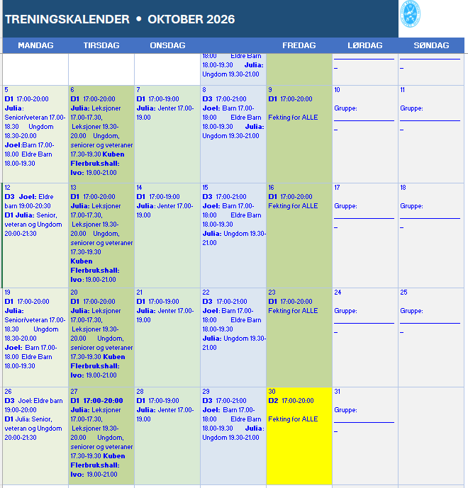 Ukeplan for OKTOBER 2026 (rev.. 5.10.2026 kl. 14.40)