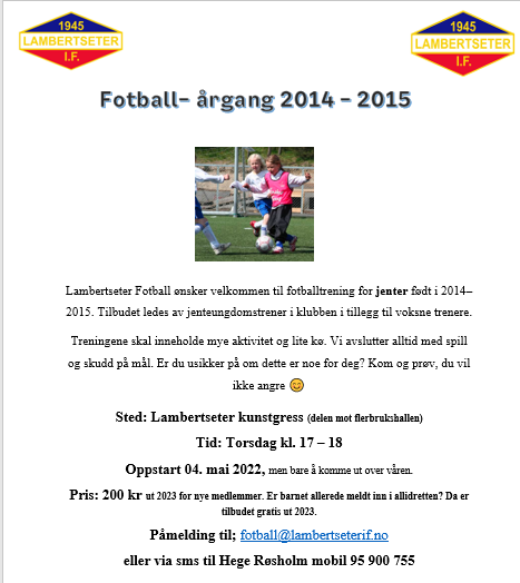 Fotballtrening for Jenter født 2014 og 2015