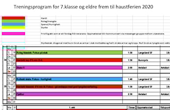 Treningsoversikt for 7.kl og eldre frem til haustferien 2020