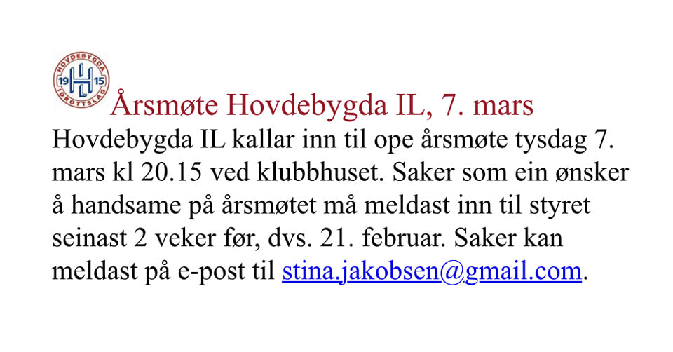Årsmøte Hovdebygda IL tysdag 7. mars kl. 20.15