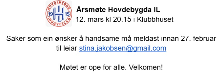 Årsmøte Hovdebygda IL - 12. mars kl. 20.15