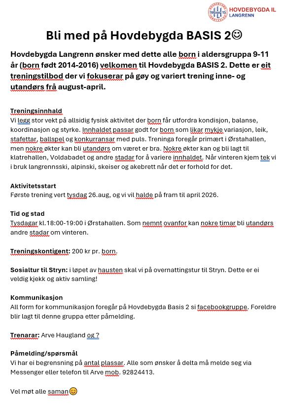 BASIS 2 - Påmelding for treningsgruppa 9-12 år (4.-7.klasse) er no åpen. 