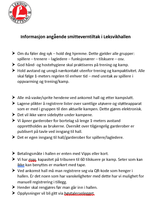 Informasjon angående smitteverntiltak i Leksvikhallen - oppdatert 17.11.2020