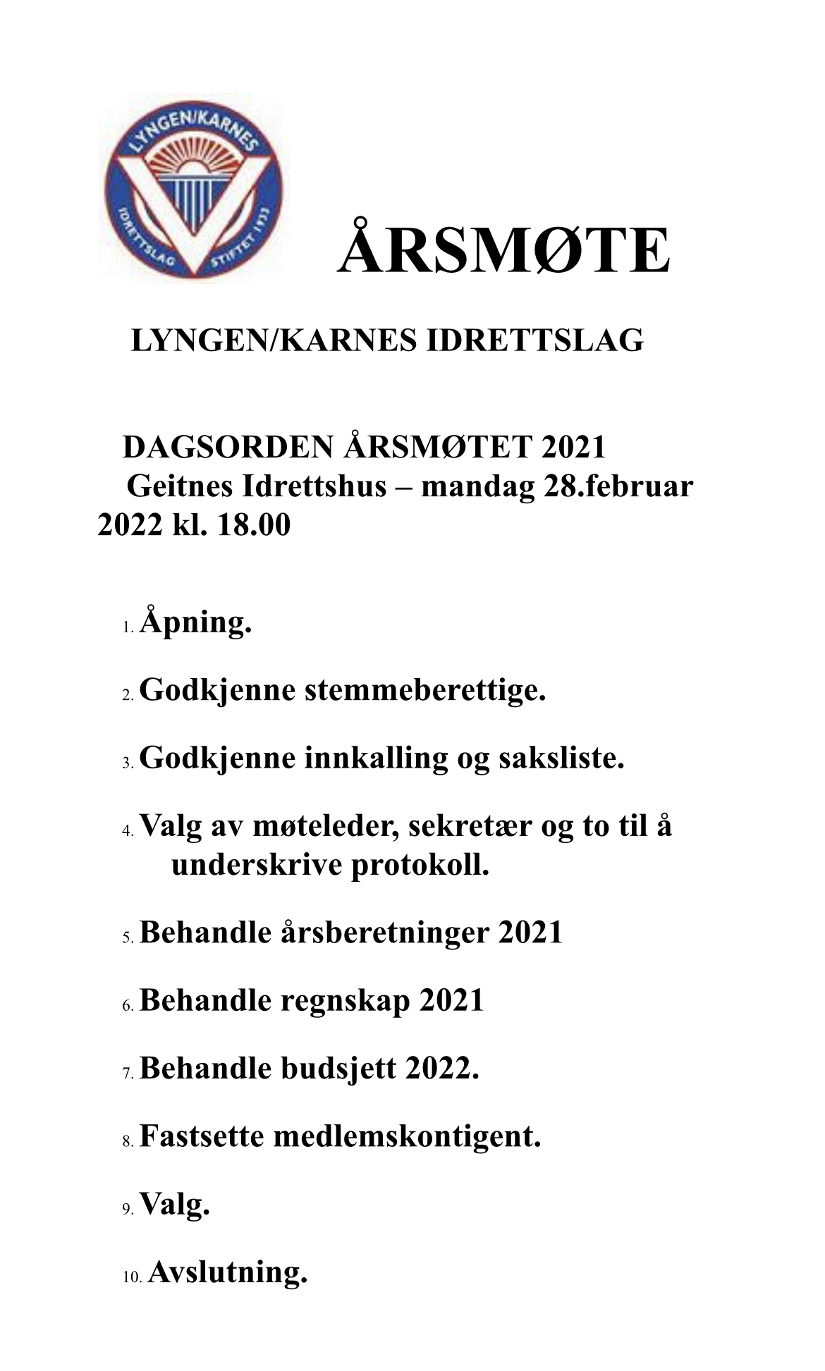 Dagsorden for årsmøte L/K