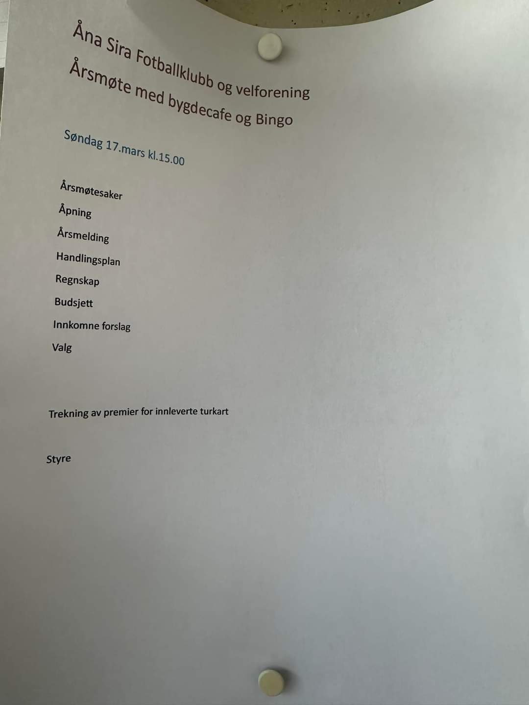 Årsmøte i klubbhallen i Åna Sira.