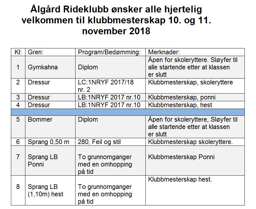 Invitasjon til klubbmesterskap 10. og 11. november 2018