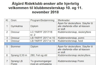 Invitasjon til klubbmesterskap 10. og 11. november 2018
