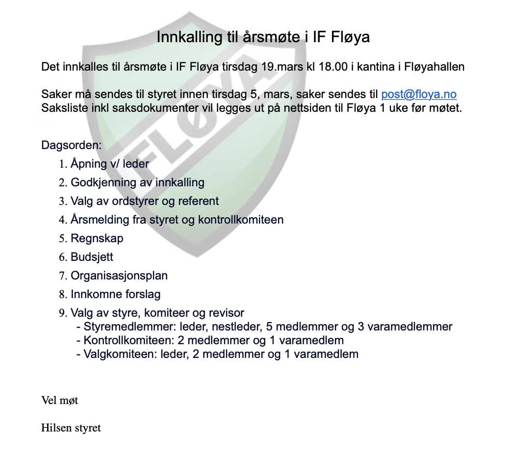 Innkalling til årsmøte IF Fløya for 2023!