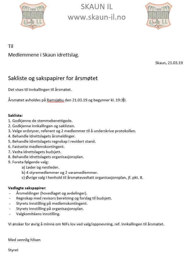 Sakliste til årsmøte 2019